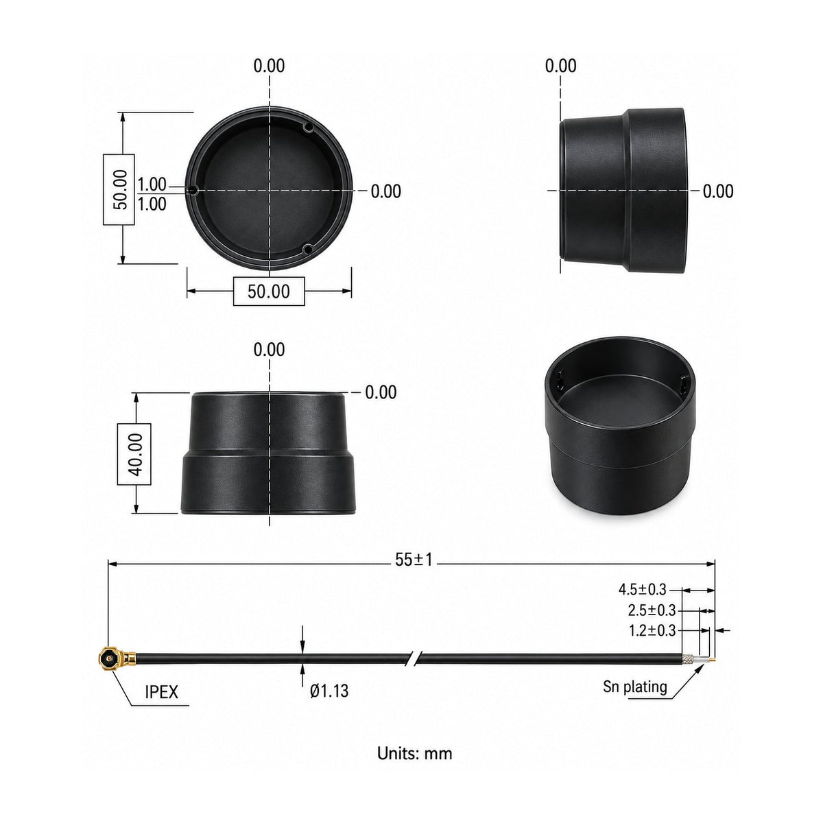 AllBand+ GPS, GLONASS, BDS, Galileo 28dB D50xH40 RTK antenna with IPEX cable - ELT0243 - 4